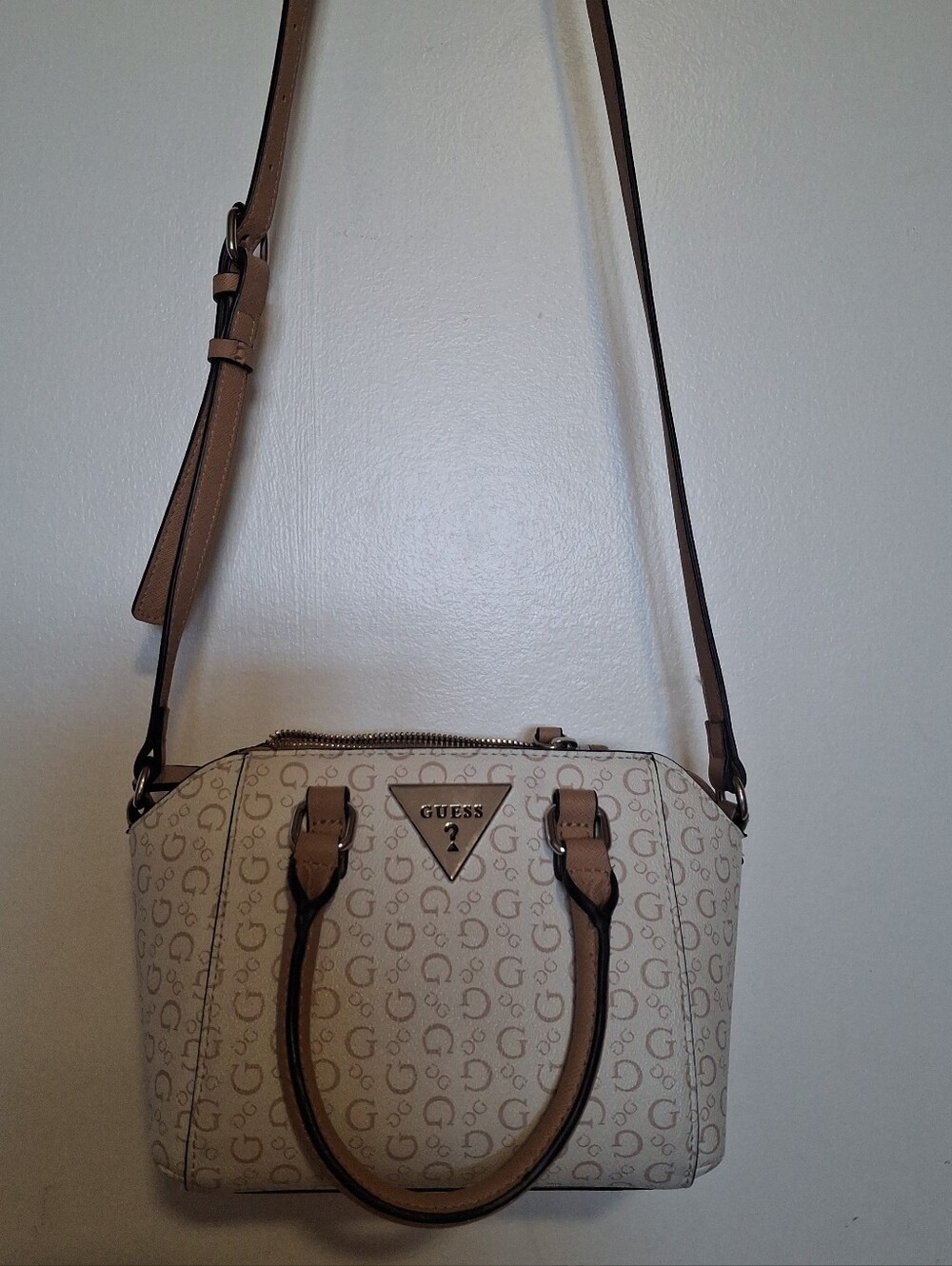 GUESS Beige Logo Satchel with Tan Handles